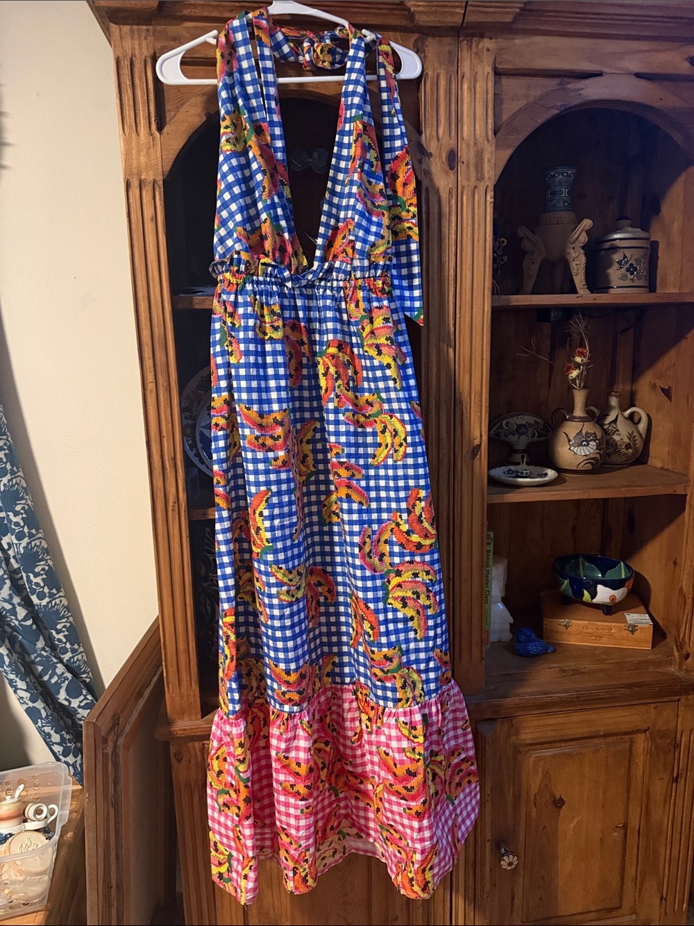 FARM Rio Blue & Pink Gingham Maxi Dress with Tropical Print - Picture 3 of 3